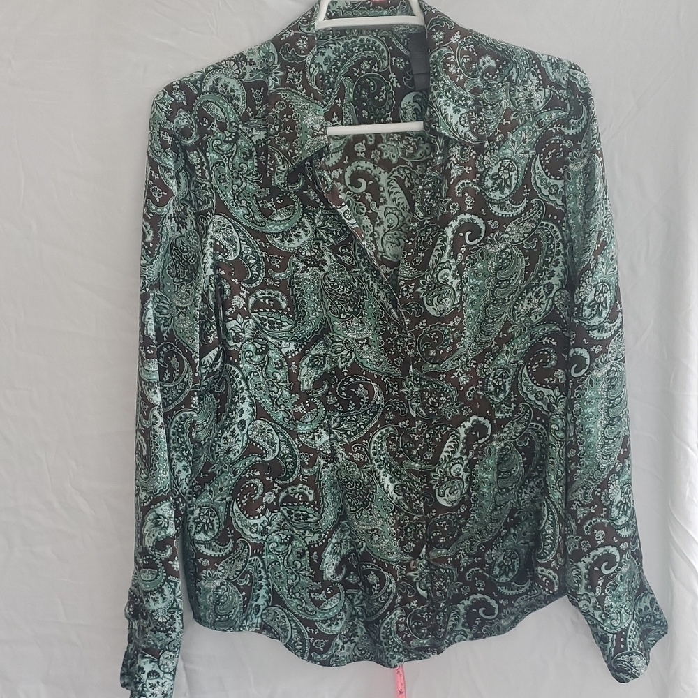 Green 100% Silk Long Sleeve Button Down Shirt, Notched Collar by Liz Claiborne